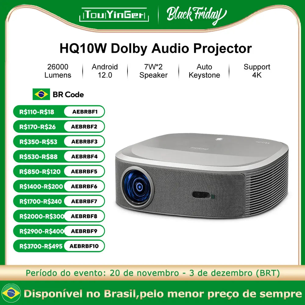 Touyinger Everycom HQ10W Full HD 4K 26000 lumens Home Video Smart TV 2+64GB Cinema Projector Professional Dolby