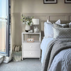 White Nightstands Set of 2, Bedroom Night Stand Set Two Nightstand with Charging Station and LED Light, Bedside Table with 2 Fab