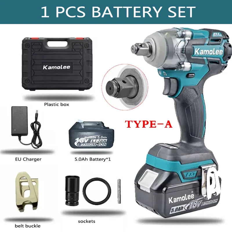 Kamolee 520N.m Brushless Electric Impact Wrench 1/2 and 1/4 Inch Household Wireless Charging Small 18V Battery Wrench Tool