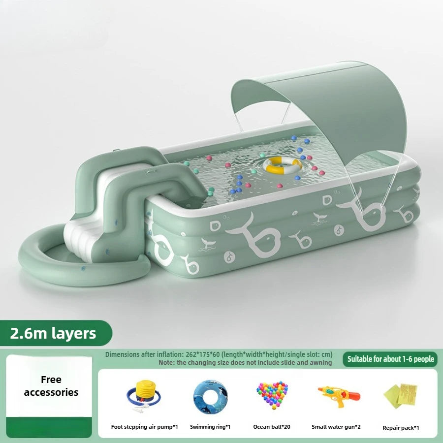 Summer family outdoor thickened inflatable swimming pool, float boat with sunshade, slide, family oversized water toys
