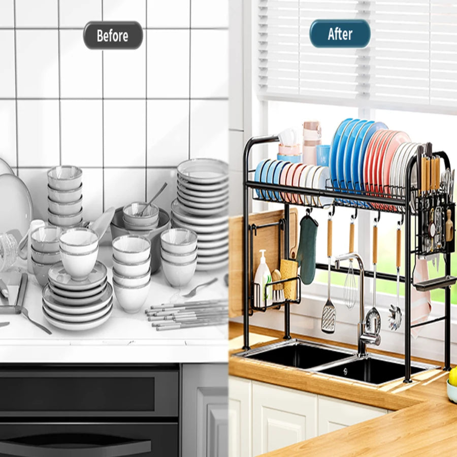 85cm Over Sink Dish Drying Rack, Large Capacity Metal Kitchen Organizer with Utensil Holder & Hooks, Space Saving For Countertop