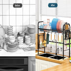 85cm Over Sink Dish Drying Rack, Large Capacity Metal Kitchen Organizer with Utensil Holder & Hooks, Space Saving For Countertop