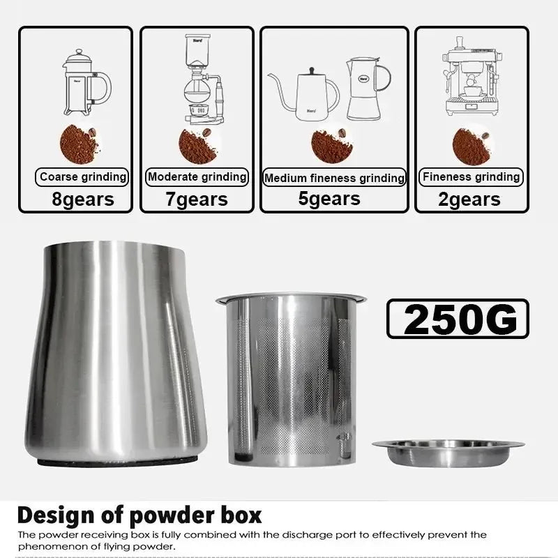 DIVEDEER Electric Coffee Grinder Stainless Steel Coffee Beans Grinder Automatic Detachable 8 File Adjustable Plane Burr Grinder