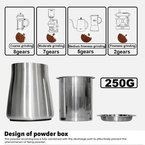 DIVEDEER Electric Coffee Grinder Stainless Steel Coffee Beans Grinder Automatic Detachable 8 File Adjustable Plane Burr Grinder