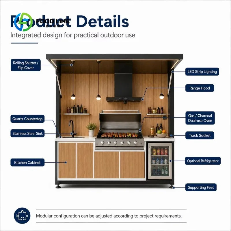 Customized Modular Aluminum Alloy Outdoor Kitchen Shed with Weatherproof Stainless Countertop Sink Modern Design Remote Control