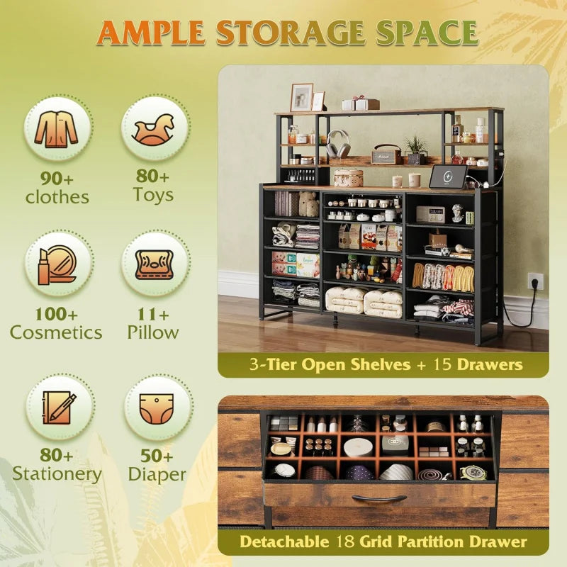 Bedroom 15 & Adjustable Shelves, Tall Dresser with Charging Station, Chest of Drawers for Closet