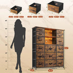 51"H Tall Dresser with 15 Drawers Dresser for Bedroom with Charging Station & LED Lights & Hutch Sturdy Fabric Bedroom Dressers