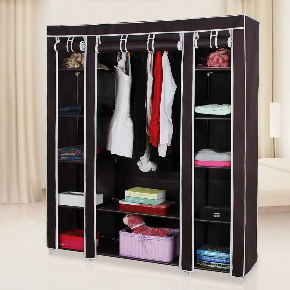69" Portable Clothes Wardrobe Storage Organizer with Non-Woven Fabric Quick and Easy To Assemble Extra Strong and Durable Dark