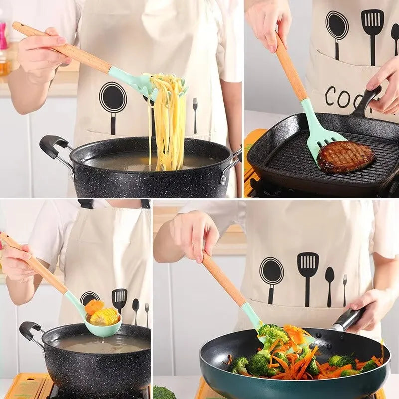 12Pcs Silicone Kitchen Utensils Spatula Shovel Soup Spoon Cooking Tool with Storage Bucket Non-Stick Wood Handle Kitchen Gadgets