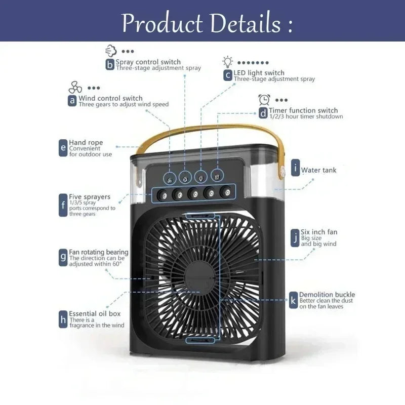 Mini 3 in 1 Air Conditioner Fan USB Desktop Cooler with Humidifier LED