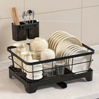 Compact Japanese Kitchen Dish Drainer Steel Dish Rack with Removable Plate Utensil Holder And Dual-Layer Chopstick Holder