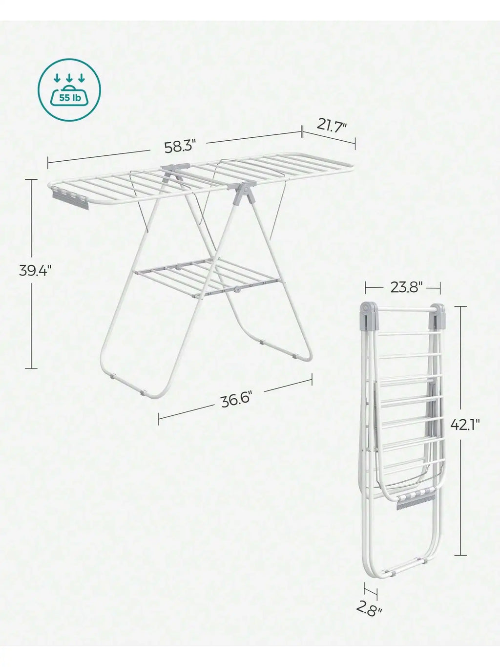 SONGMICS Clothes Drying Rack, With Sock Clips, Metal Laundry Rack, Foldable, Space-Saving, Free-Standing Airer, With Height-A