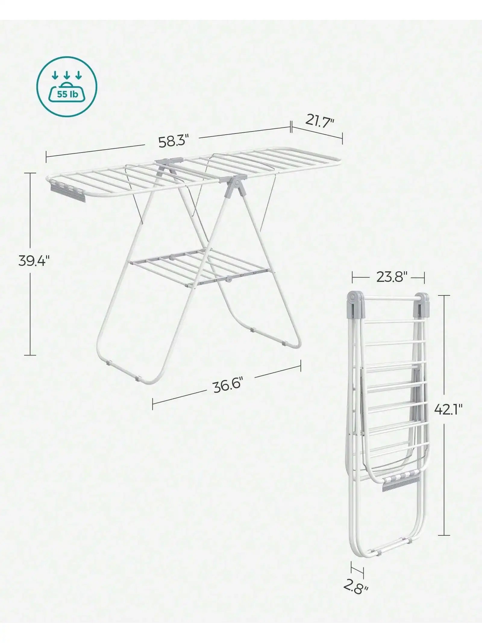 SONGMICS Clothes Drying Rack, With Sock Clips, Metal Laundry Rack, Foldable, Space-Saving, Free-Standing Airer, With Height-A