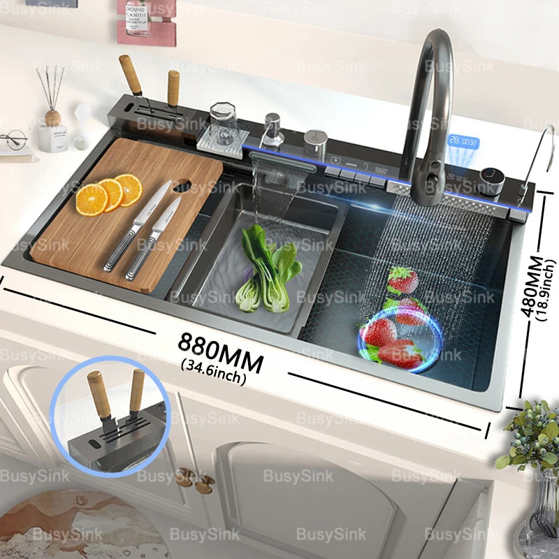 Stainless Steel Waterfall Kitchen Sink Extra Large Single Slot Digital Display Faucet Set Cup Washer Wash Basin 100*50cm
