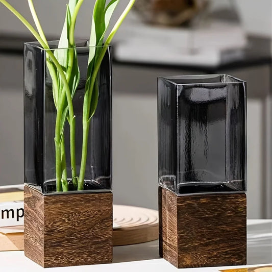 1pc, Geometric Acrylic Flower Vase with Wooden Base, Vintage Style, Anti-Slip, Durable, for Tabletop, Office, Bookshelf Decor