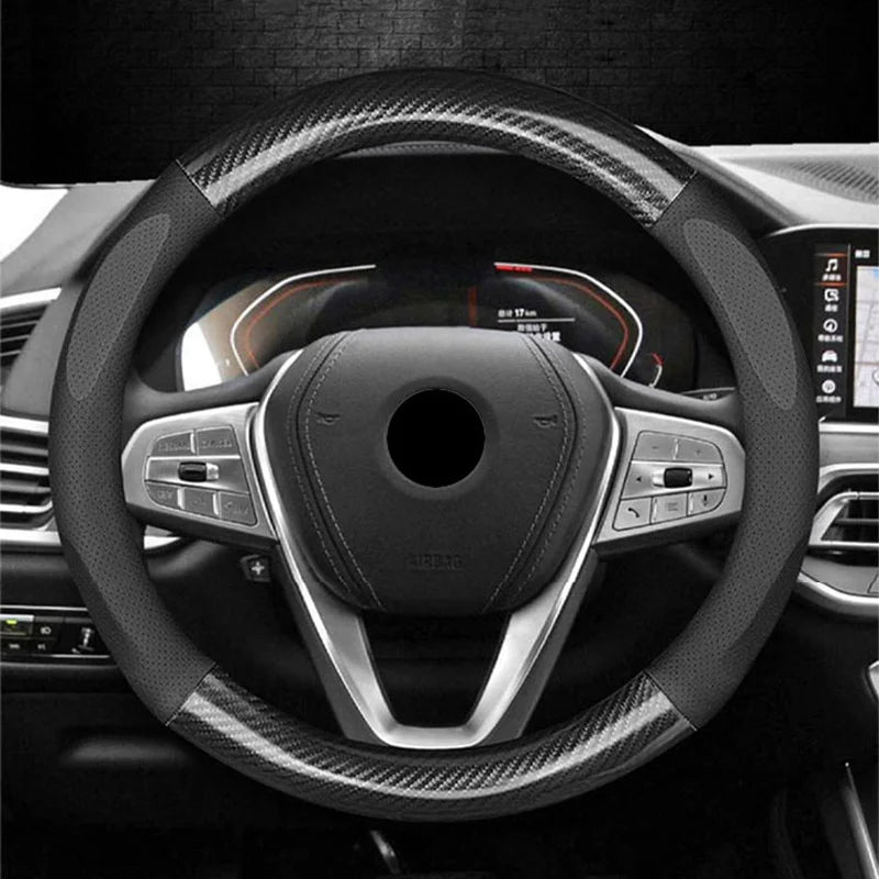 PU Leather D-shaped Steering Wheel Cover with Carbon Fiber Pattern Inner Circle – Non-Slip Sporty Grip for Car Steering Wheels