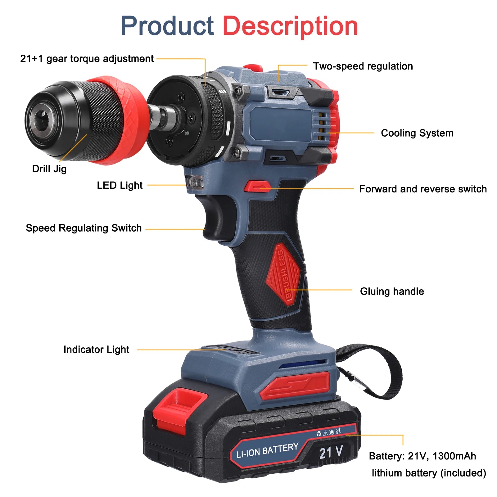 21V 2in1 Lithium Drill Electric Screwdriver Power Tool 55Nm Torque Brushless Motor Practical Screw Driver for Home Appliances