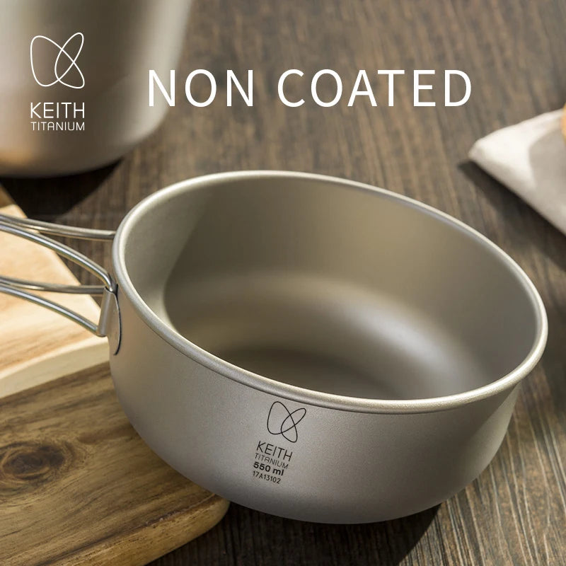 KEITH Compact Titanium Camping Cookware Set 3-Piece Nesting Pot with Folding Handle & Carry Bag, Lightweight Portable