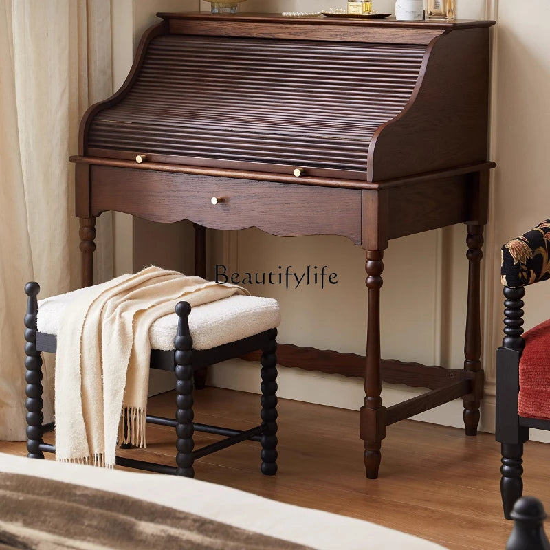 French retro roller shutter dresser medium antique solid wood makeup table storage integrated bedroom