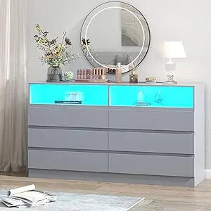 6 Drawer Double Dresser with Power Outlet, Accent Chests of Drawers with LED Light, Modern White Storage Dresser with Charging S
