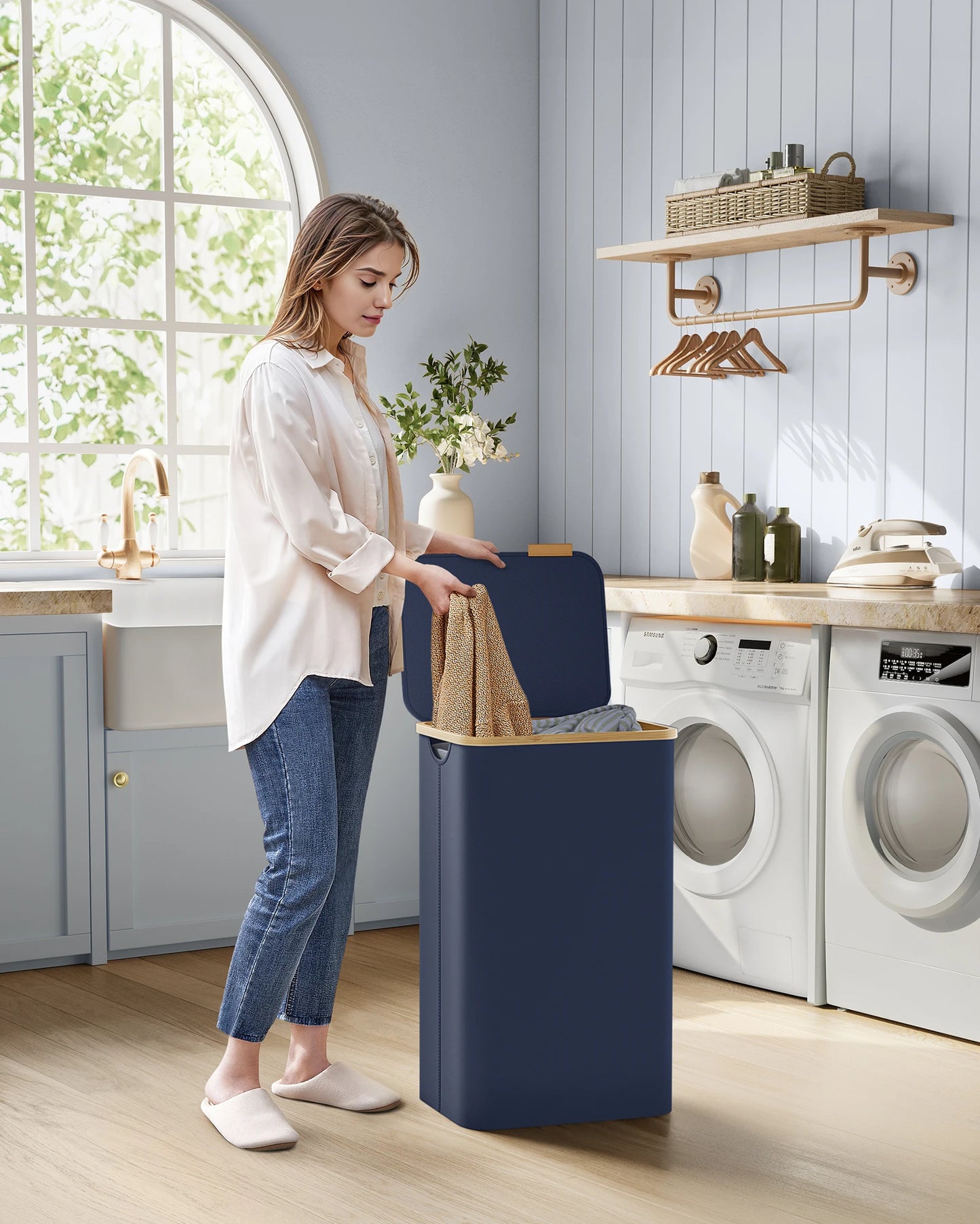 SONGMICS laundry basket with Lid Laundry Collector 90 L Removable Laundry Bag Oxford Fabric Bamboo Handles