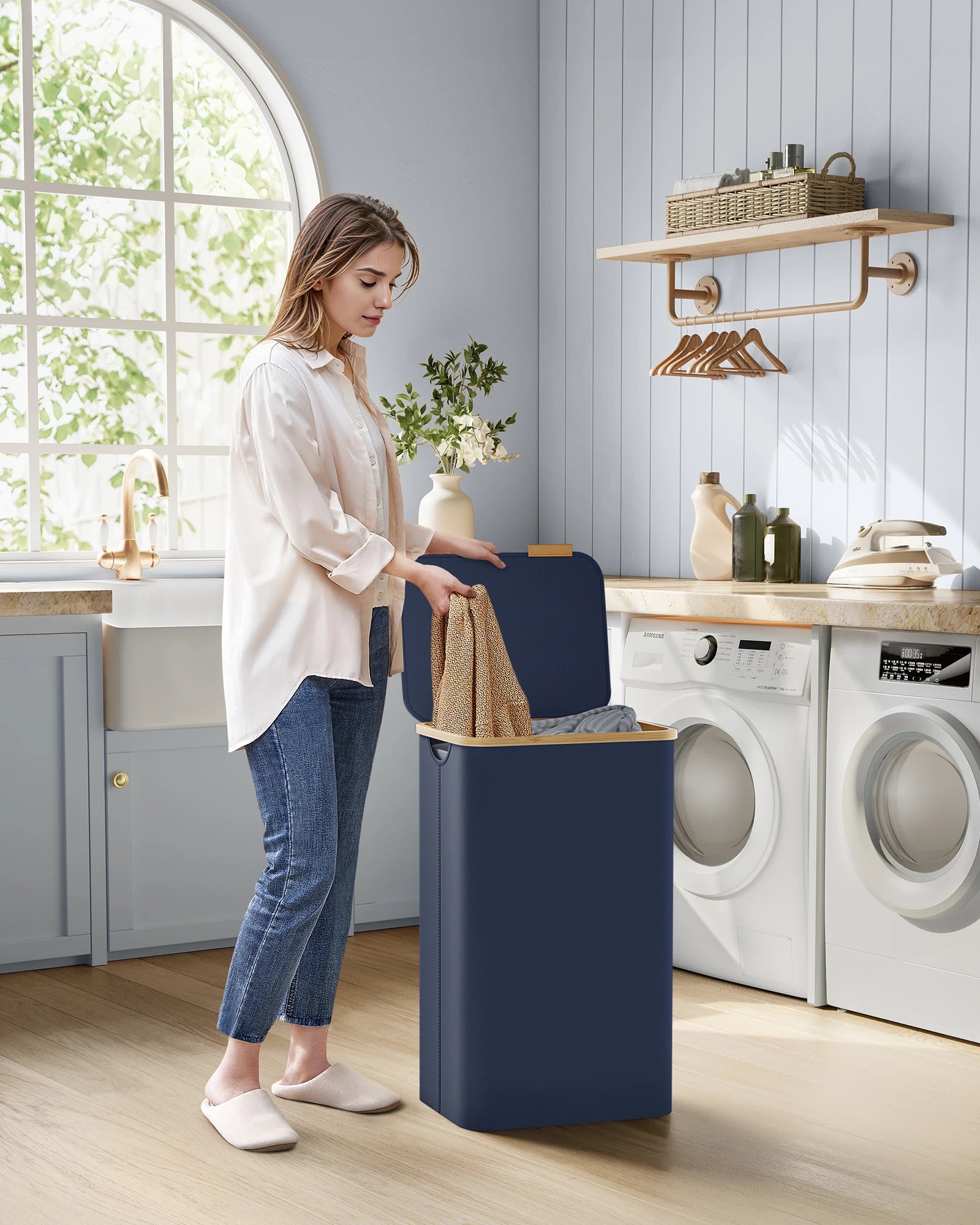 SONGMICS laundry basket with Lid Laundry Collector 90 L Removable Laundry Bag Oxford Fabric Bamboo Handles