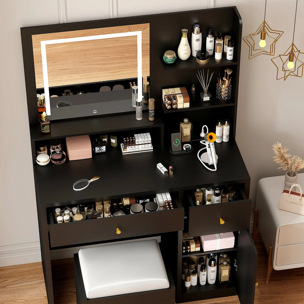 Vanity Desk with Mirror and Lights, LED Dressing Table with Vanity Chair Power Outlet, Lighted Makeup Vanity Desk with 2 Drawers