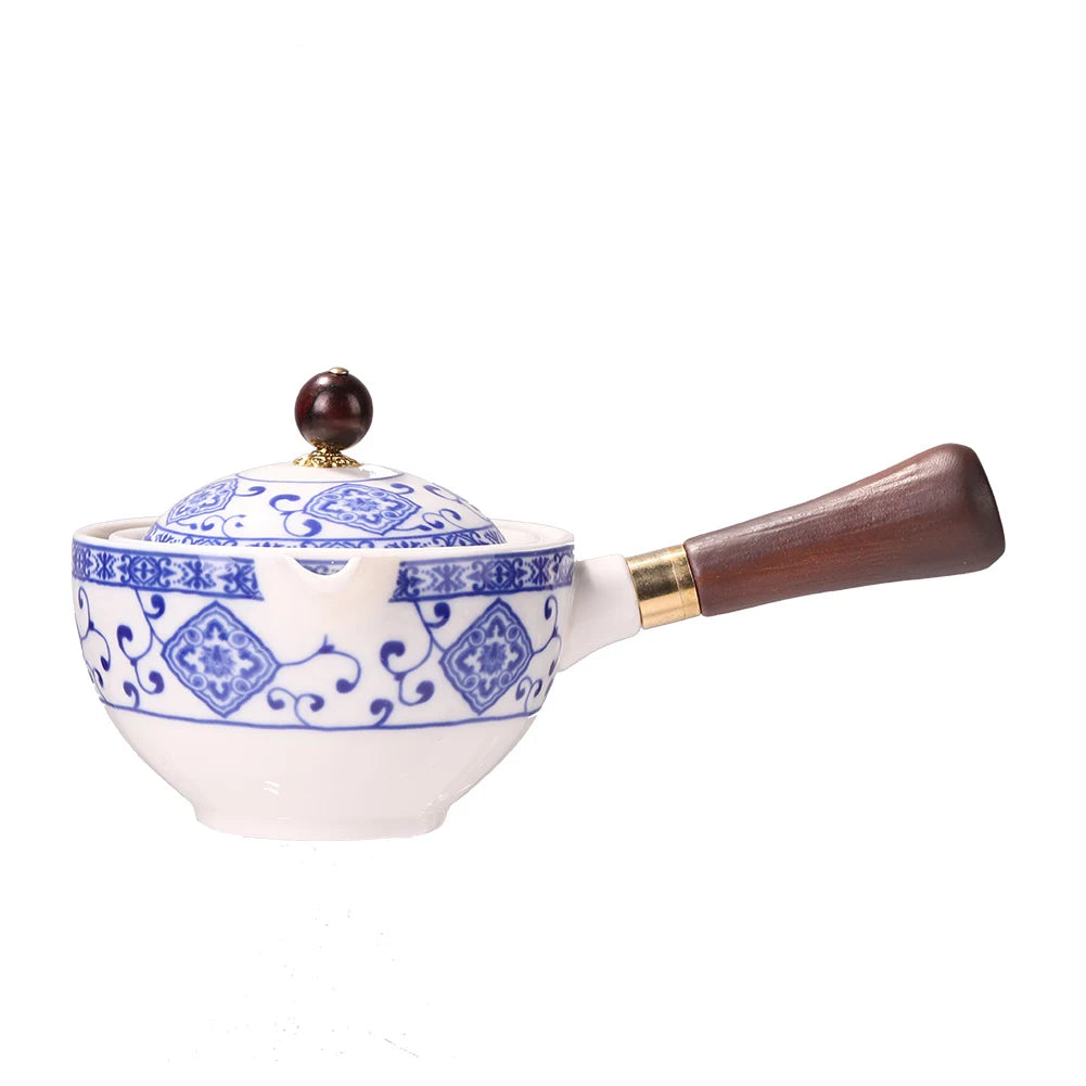 Portable Chinese Gongfu Kung Fu Tea Set 360 Rotating Teapot Ceramic Tea Maker Infuser Wooden Handle Pot Cup for Home Office