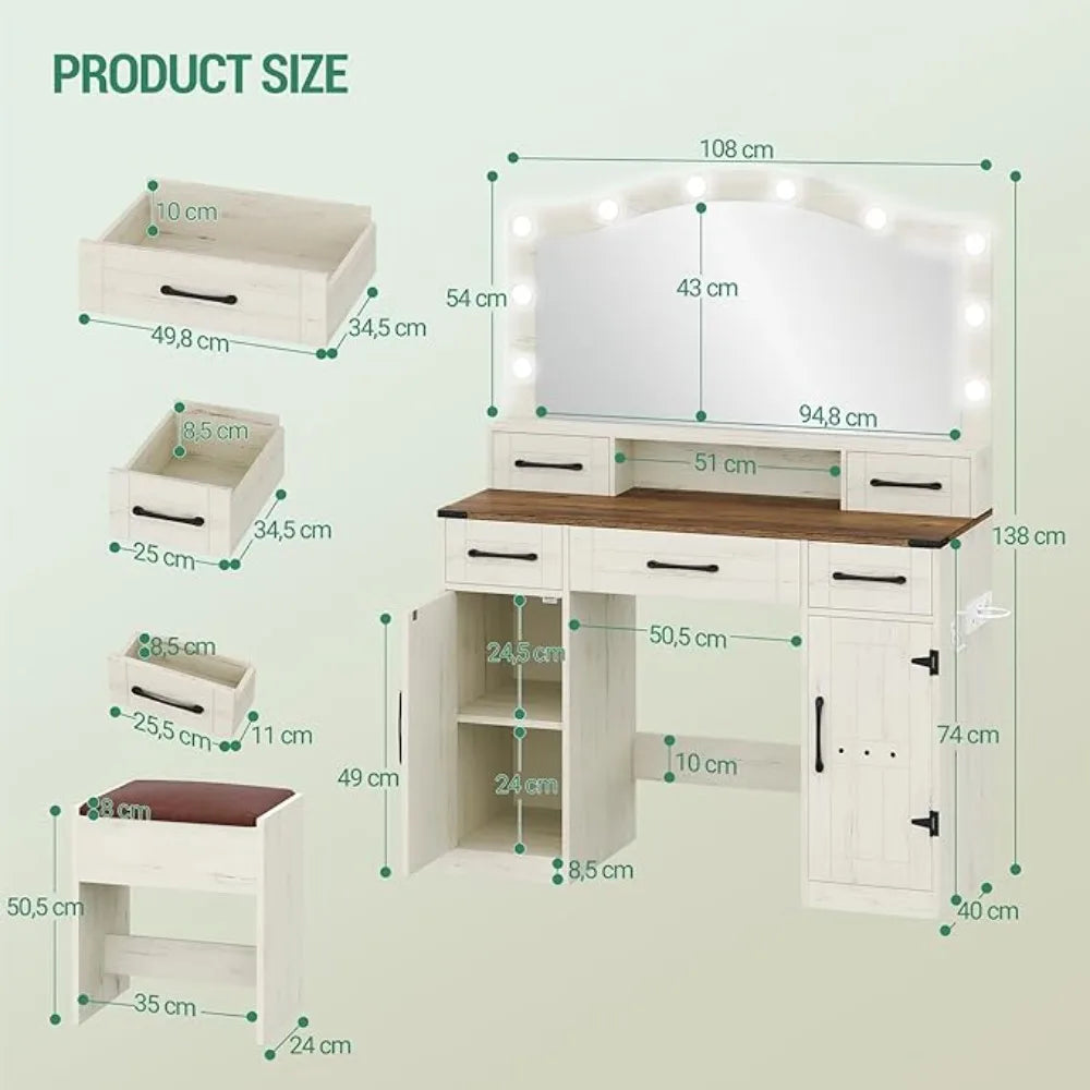 Dressing Table, with Large Mirror and LED Light, Dressing Table with Stool, Outlet and Hairdryer Holder