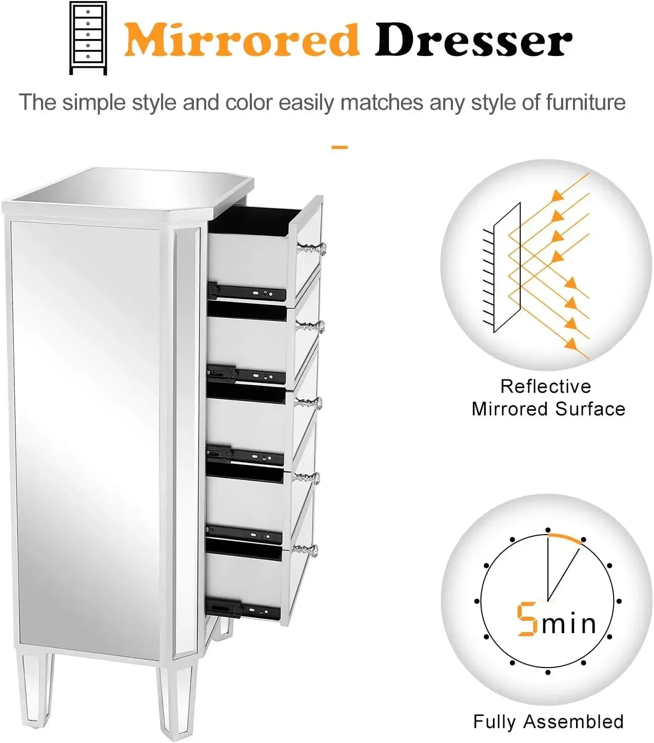 Mirrored Dresser 5 Drawers Modern Chest, Mirrored Chest of Drawers, Glass Dresser for Bedroom, Dressing Room, Living Room,Silver
