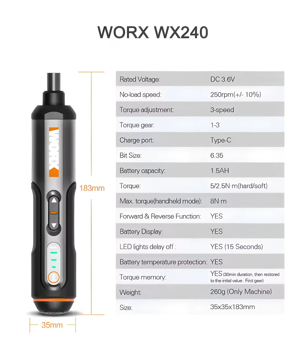 Worx 30 Bit Sets Power Tools WX242 Electrical Screwdriver Sets Smart Cordless drill Screwdrivers USB Rechargeable Handle 4V DIY