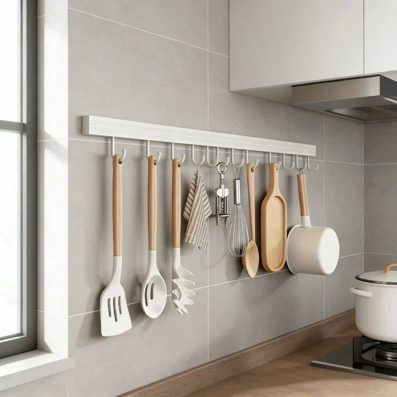No Punch Wall Mounted Kitchen Storage Rack Shelf Movable Hook Spoon Holder Organizer Kitchen Utensil Daily Accessories Tool