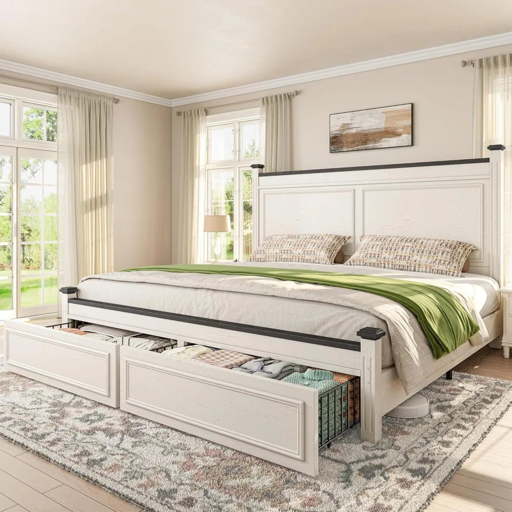 King Size Bed Frame with Storage Drawers and Headboard, Modern King Bed Frame with Storage,NO Noise,No Box Spring Needed