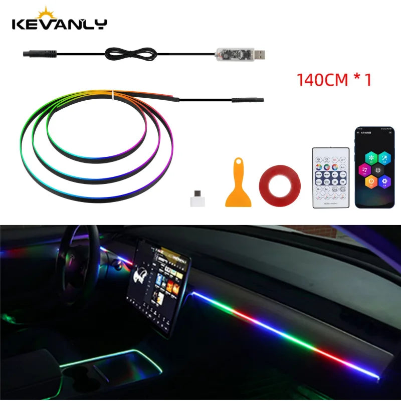 KEVANLY 140/55.1inch Car Ambient Lights 1in1 Universal LED Symphony RGB Atmosphere Lamp USB APP Remote for Tesla Model 3 Y S X