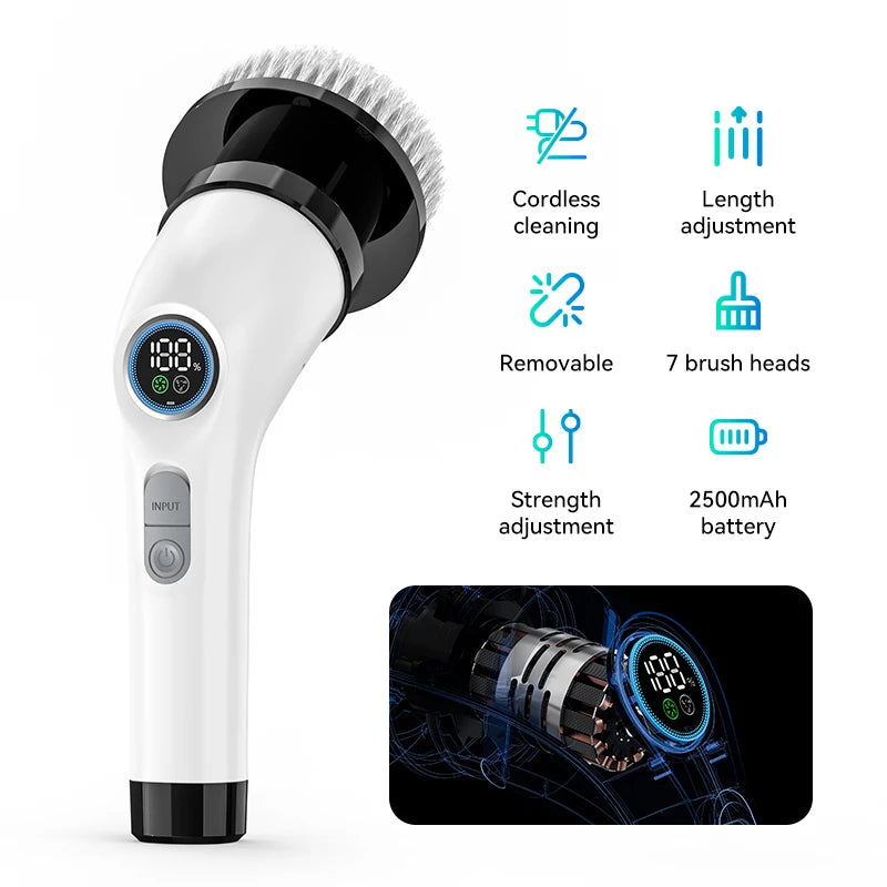Electric Spin Scrubber Shower Scrubber Cordless Cleaning Brush with 7 Replaceable Brush Heads and Squeegee Adjustable Extension