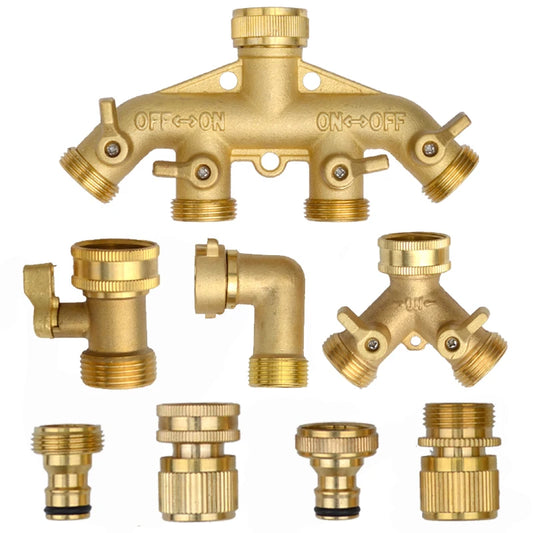 Heavy Duty Brass 1-2-4 way Splitter Garden Hose Hexagonal Connector with Comfortable Grip Shut Off Valves Adapter for Water Tap