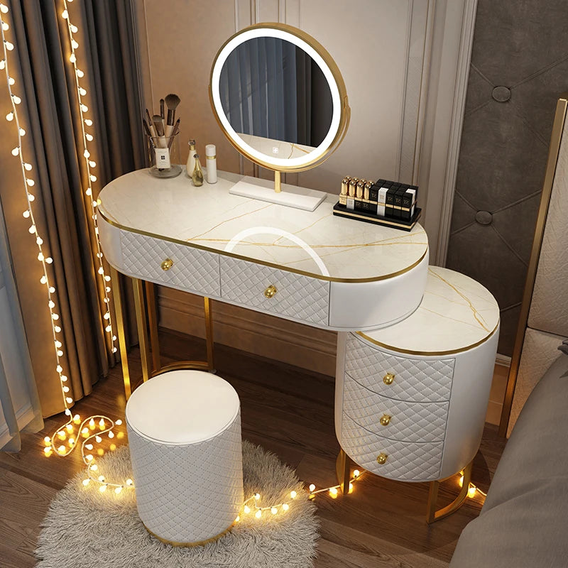 Nordic vanity chair white bedroom LED light Dresser storage cabinet makeup Dressing table light mirror stool bedroom furniture