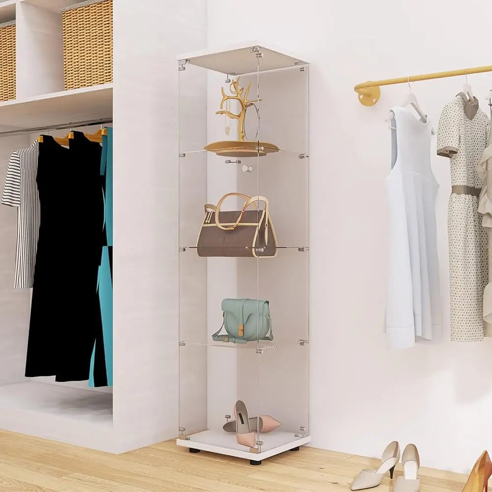 Modern 64.5'' Contemporary 4-Shelf Case Glass Display Cabinet In Clear With Door, Curio Cabinet Collection Display Case, Floor