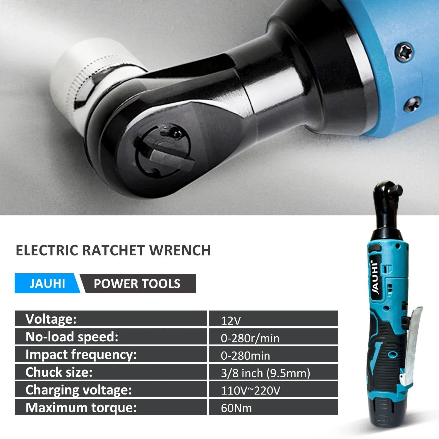 JAUHI 12V Cordless Electric Wrench 3/8'' Right Angle Ratchet Wrench Angle Drill Screwdriver Removal Screw Nut Car Repair Tool