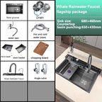 Stainless Steel Waterfall Kitchen Sink Extra Large Single Slot Digital Display Faucet Set Cup Washer Wash Basin 100*50cm