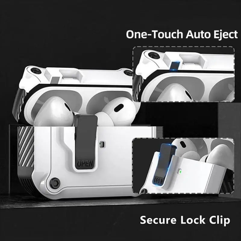 Dual Protective Case for AirPods Pro 2 and AirPods 4 2024 with Locking Clip Carbon Fiber Shockproof Keychain Magnetic Lid