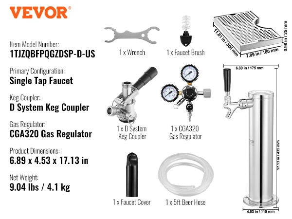 VEVOR Kegerator Tower Kit Single Tap Beer Conversion Kit Stainless Steel Keg Beer Tower Dispenser Dual Gauge W21.8 Regulator