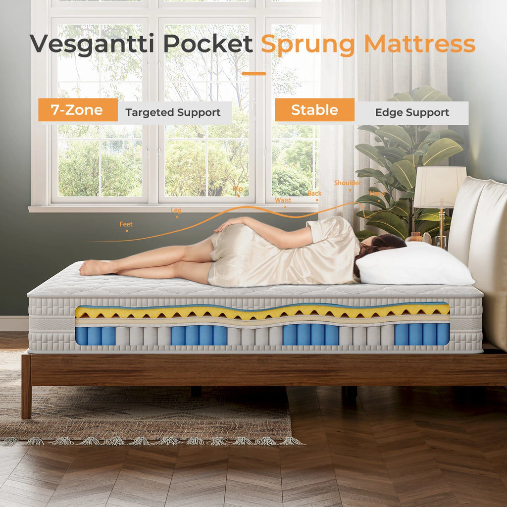 Vesgantti 10/12 inch Hybrid Queen Size Mattress with Memory Foam and Pocket Spring, Medium Firm Ergonomic & Pressure Relief