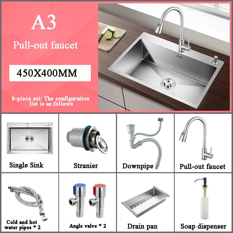 Stainless Steel Kitchen Sink Farm House Above Counter Undermounter Single Bowel Wash Basin with Faucet Drain Kitchen Accessories