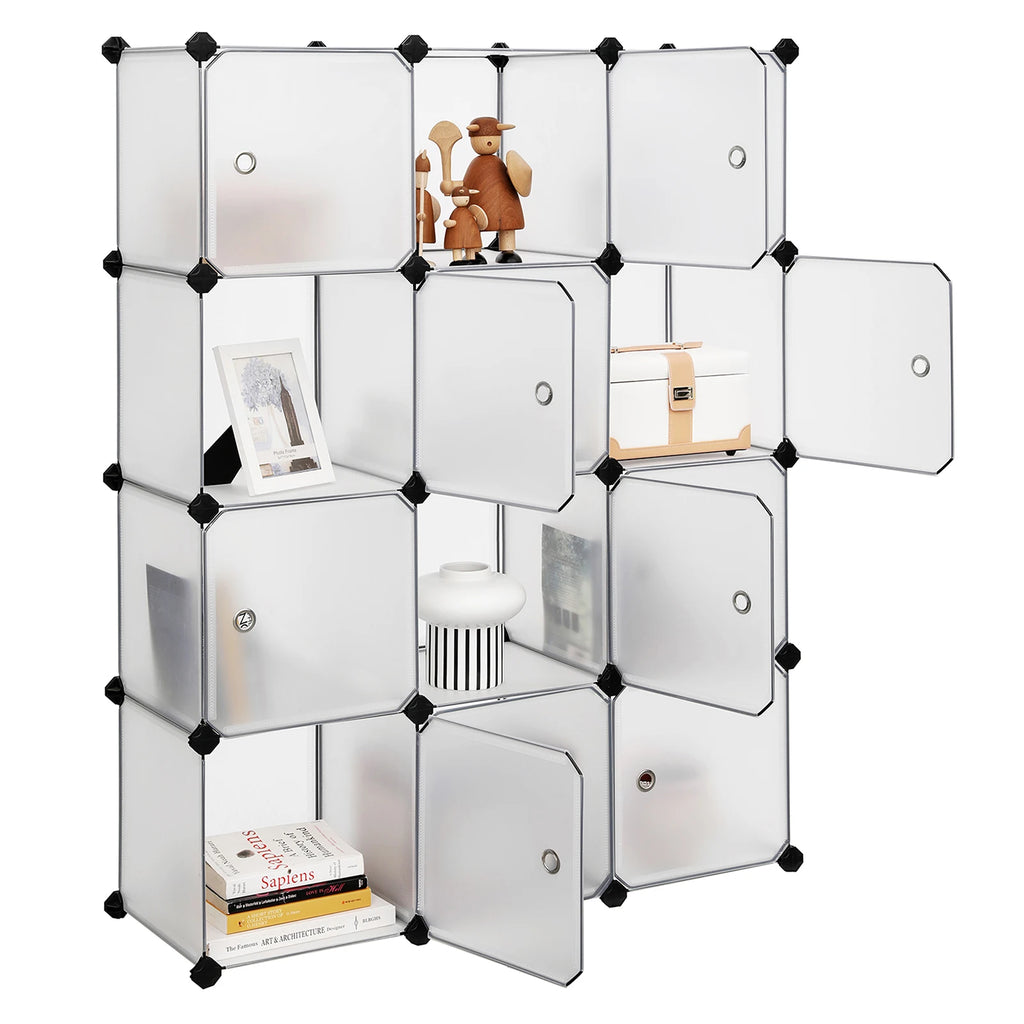 SONGMICS 12-Cube Storage Unit, Shoe Rack, Stackable Cubes, Plastic Closet Cabinet, Wardrobe, with Doors