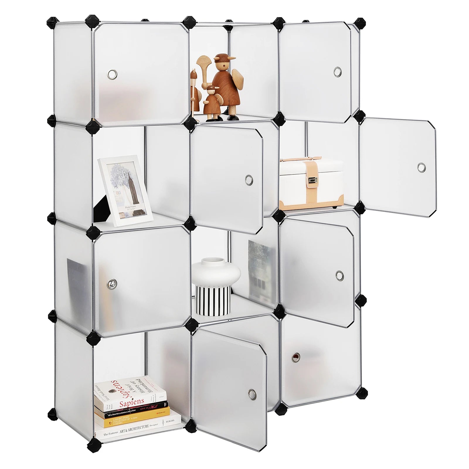 SONGMICS 12-Cube Storage Unit, Shoe Rack, Stackable Cubes, Plastic Closet Cabinet, Wardrobe, with Doors