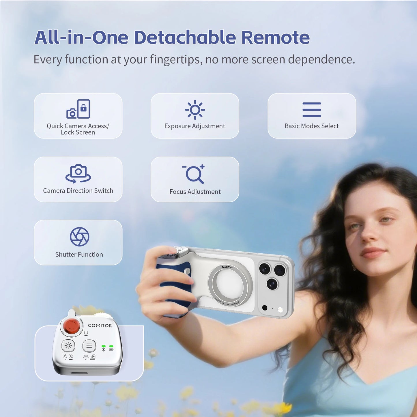 COMITOK iPhone Photo Assistant 1-Click Camera Wake/Lens Flip, DSLR Shutter, Focus/Exposure Control Ergonomic Rechargeable Remote