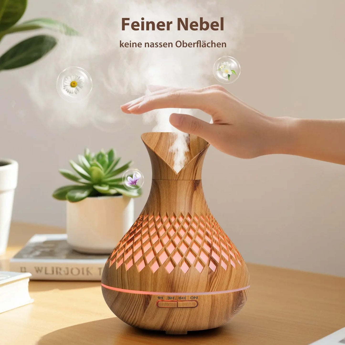 500ml Wood Grain Humidifier with Flowers, Quiet Aromatherapy Diffuser,