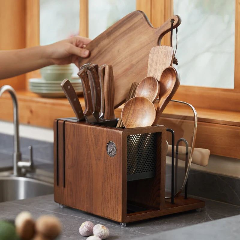 Multi-Function Knife Rack, Kitchen Cutting Board Stand, Knife and Board Storage Holder, Pot Lid and Chopstick Organizer