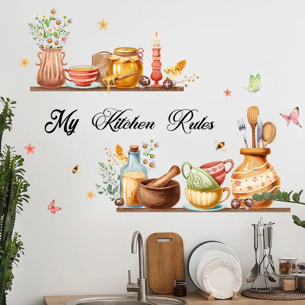 Cartoon Kitchen Utensils Pattern Wall Sticker For Kitchen Background Decoration Mural Restaurant Home Decor Self-adhesive Decals
